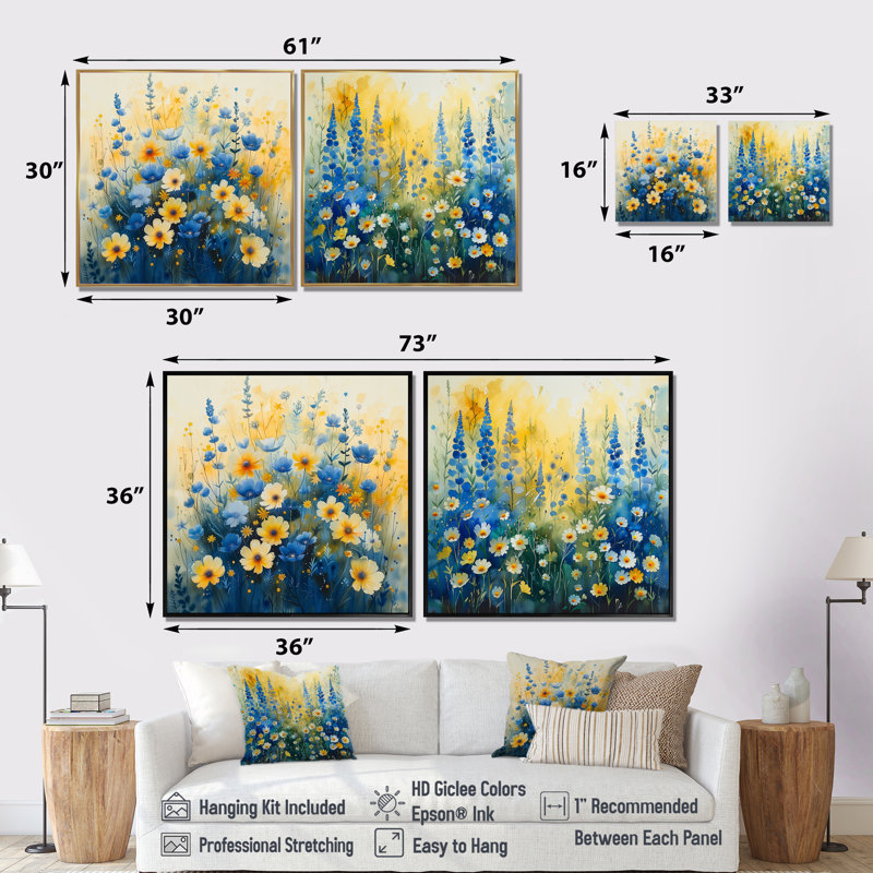 Jardin jaune et bleu, «Daisy S I» - art mural traditionnel - ensemble de 2 décorations murales traditionnelles, 16" H x 33" W