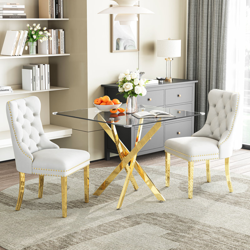  Modern Square Glass Dining Table Set for 2, 36" Tempered Glass Top with Velvet Tufted Nailhead Trim Chairs, Clear/White/Gold