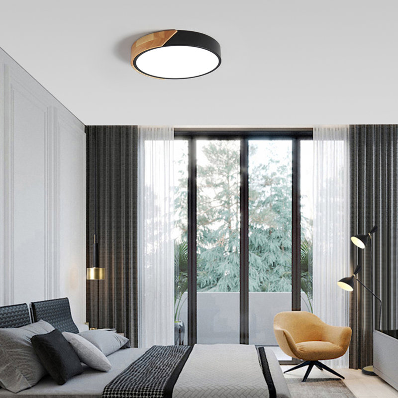 Metal and Wood LED Flush Mount Ceiling Light 6500K White, White, 6500K