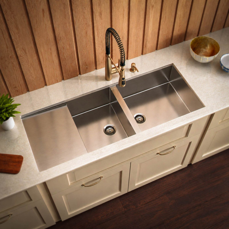 Whitehaus 52" brushed stainless steel commercial double bowl reversible undermount sink with integral drain board