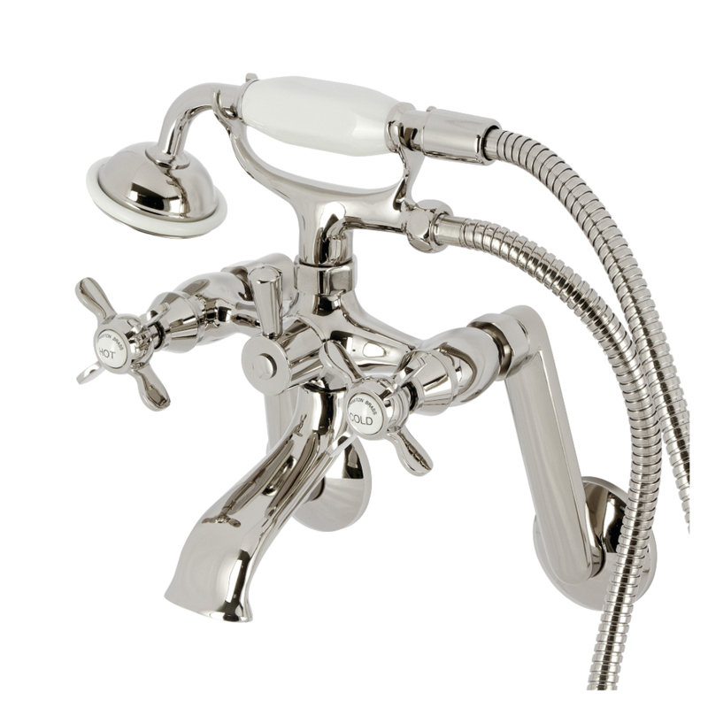 Kingston Brass Kingston Three-Handle 2-Hole Tub Wall Mount Clawfoot Tub Faucet with Hand Shower, Polished Nickel