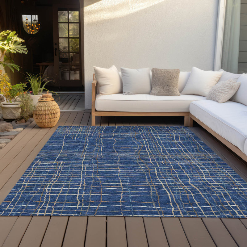 Navy and White Striped Synthetic Washable Rug 2'6" x 3'10"