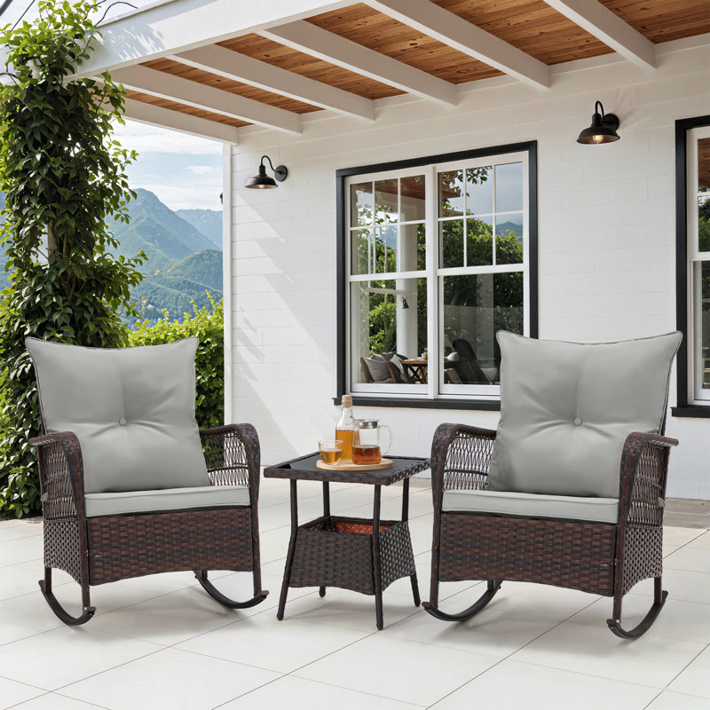 3 Pcs Rocking Bistro Set, Outdoor Pe Rattan Rocking Chairs With Tempered Glass Coffee Table, Patio Rattan Rocker Set For Porch And Garden