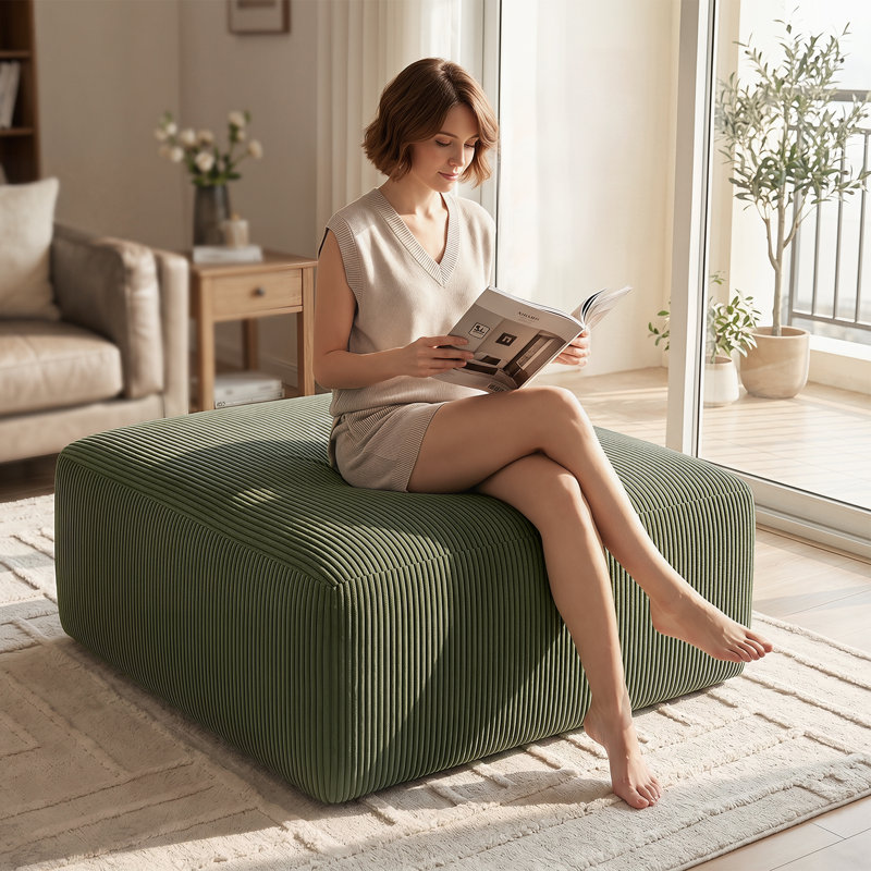 40" Square Corduroy Compression Ottoman Pouf for Sofa Couch (Set of 1), Green