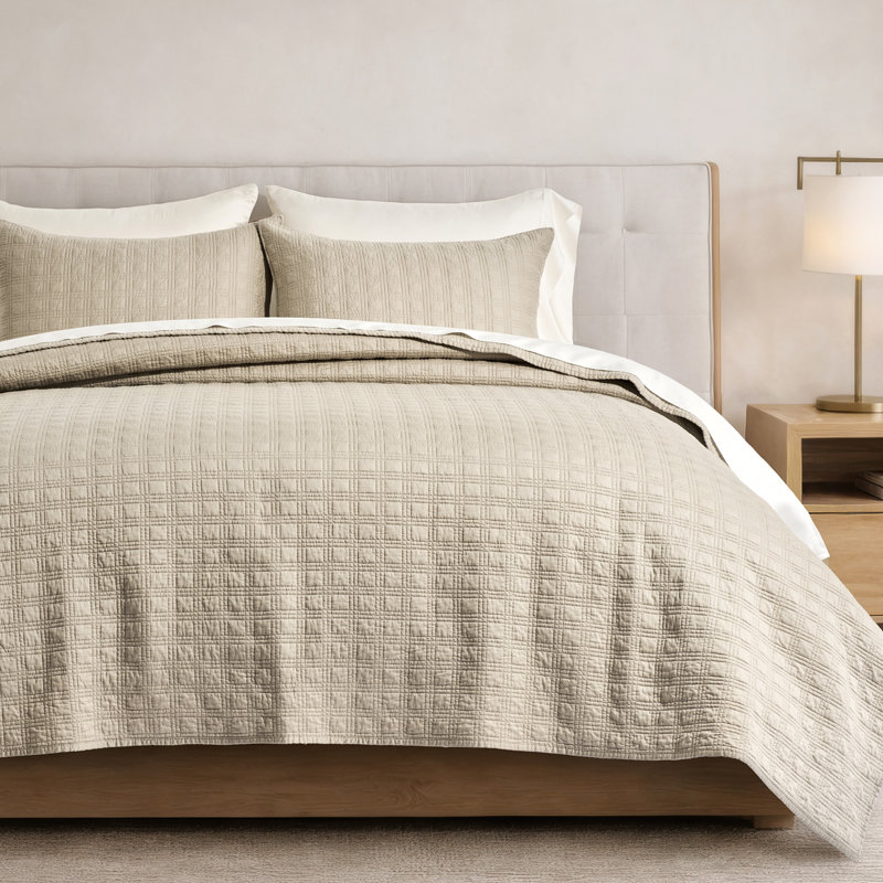 Modern Windowpane Cotton Sateen Quilt Set,Pre-Washed 100% Cotton Coverlet Bedspread, 3-Piece Soft Lightweight Bedding Set With 2 Shams For All Seasons