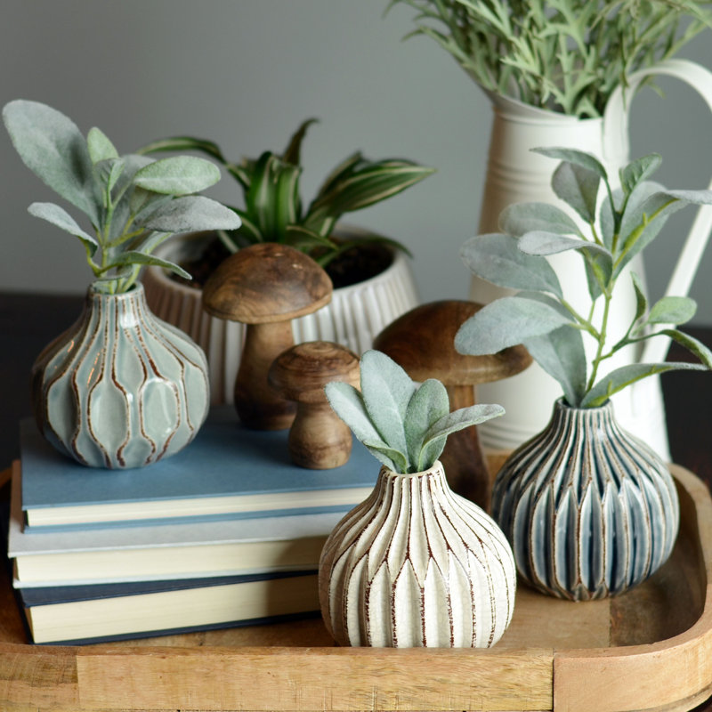 Handmade Stoneware Table Vase, White/Turquoise/Gray