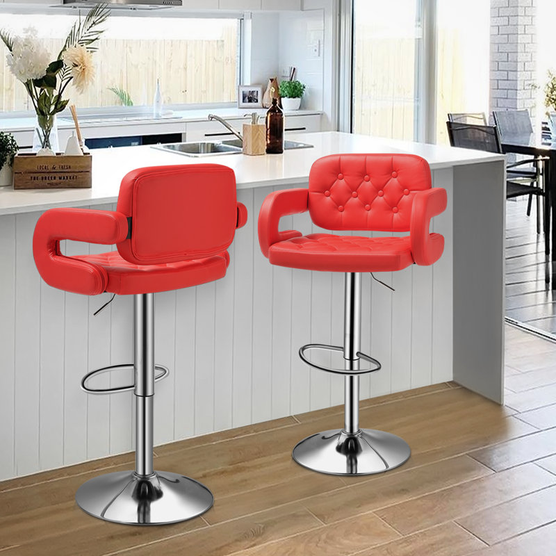 Red Faux Leather Adjustable Swivel Bar Stools with Arms