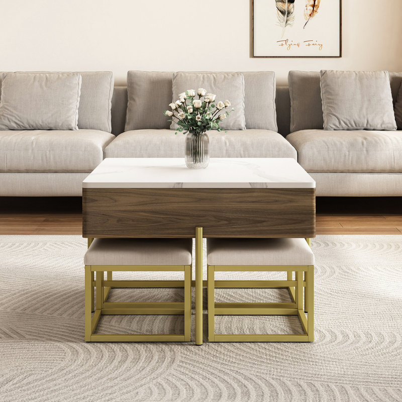 Ensemble de tables basses carrées à plateau relevable avec rangement et 4 repose-pieds