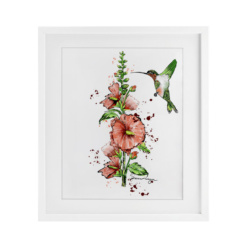 «Hummingbird and Hollyhock», reproduction sous verre encadrée, conception de Susan Lugar, H 16 po x l 13 po