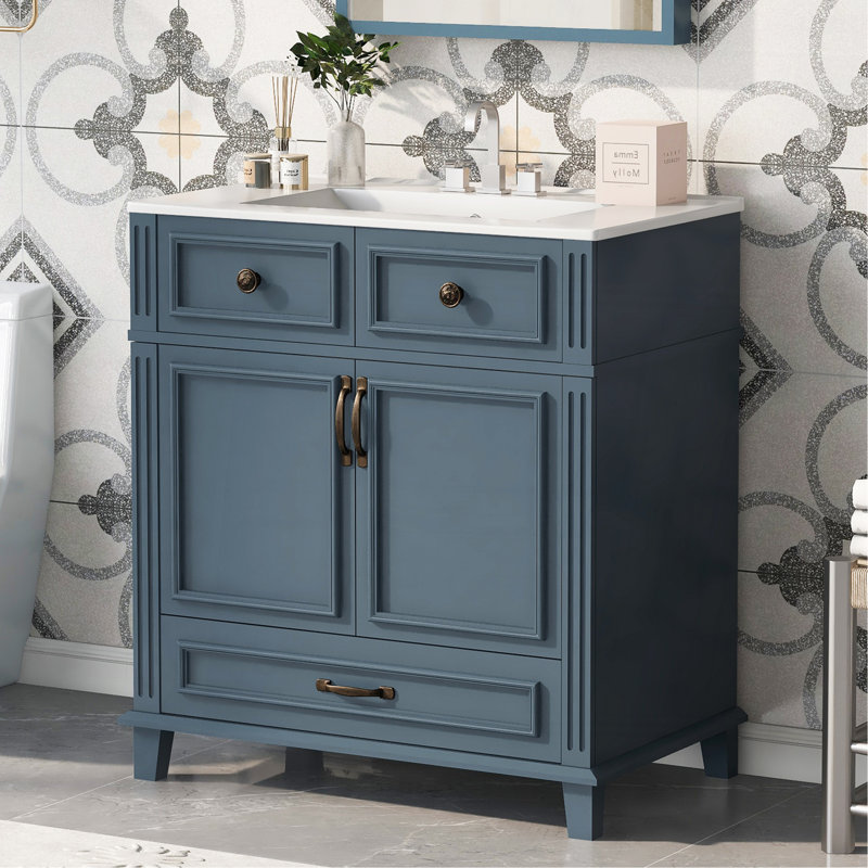 Meuble-lavabo de 30 po avec lavabo en céramique, armoire de rangement en bois massif avec portes à fermeture douce, style rétro, bleu
