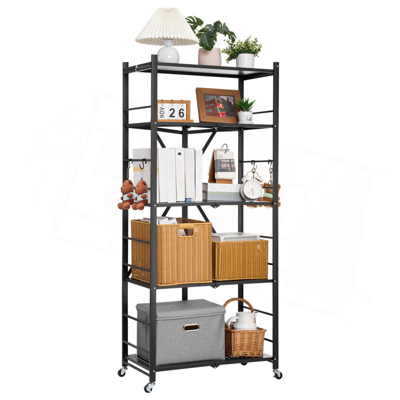 Folding Storage Shelf with Wheels 5-Tier Metal Shelving Unit Black