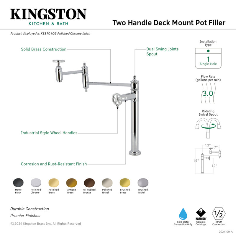Robinet remplisseur à fixation sur plateau Kingston Brass KS3703CG, laiton antique, Nickel poli