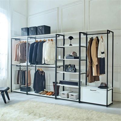  White Freestanding Walk in Wood Closet System with Durable Metal Frame Design
