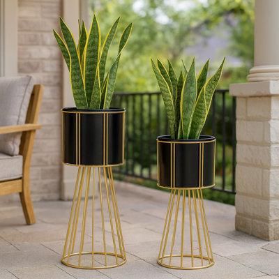 Contemporary Black & Gold Metal Planter Pair, Set Of 2 Tall Indoor Plant Stands For Home Decor