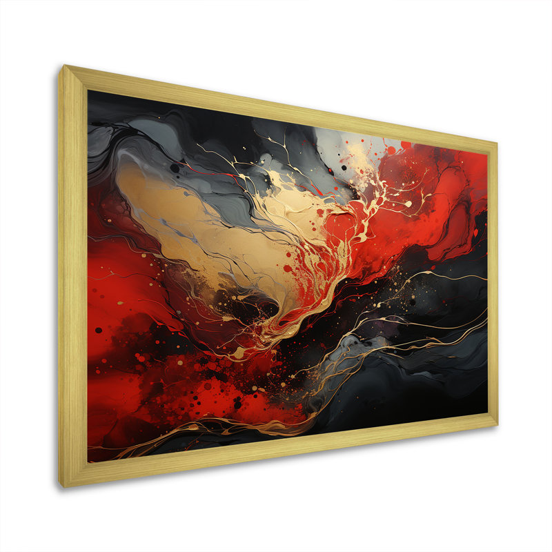 Rouge et or marbre volcan II - peinture abstraite encadrée, art mural, Cadre d'angle fermé doré, H 24 po x l 32 po x P 1 po
