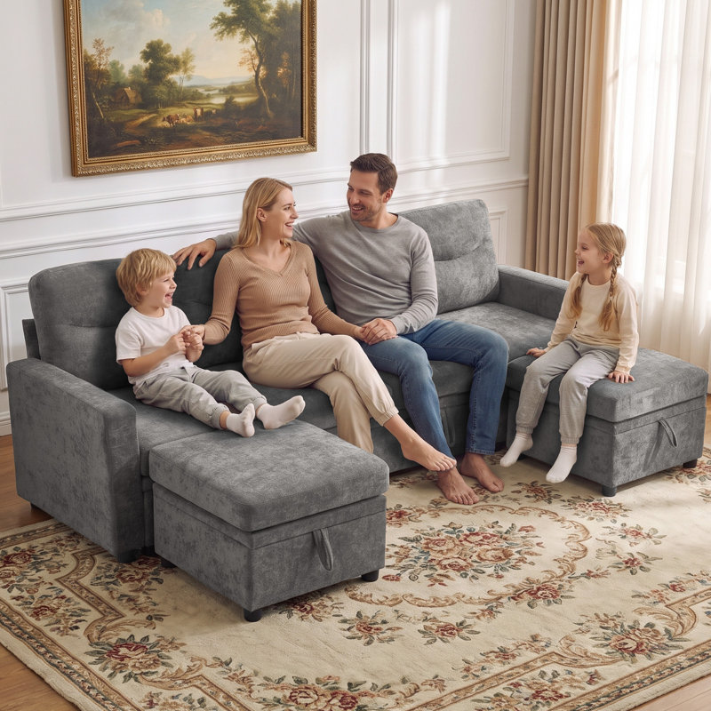 Canapé d'angle modulaire 6 places en forme de U de 259 cm avec rangement, Rangement en U 6 places, Chenille gris clair