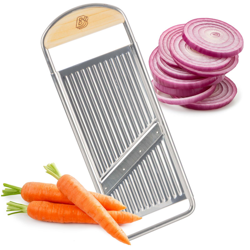 Trancheuse de mandoline à main pour la cuisine - Mandoline plate en acier inoxydable avec manche en cerisier - Coupe Julienne pour légumes et fruits - Gadgets de cuisine fabriqués en Italie par Kings County Tools