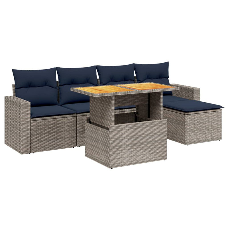 Ensemble de canapés de patio 6 pièces avec coussins en rotin noir, Coussin bleu marine / structure grise