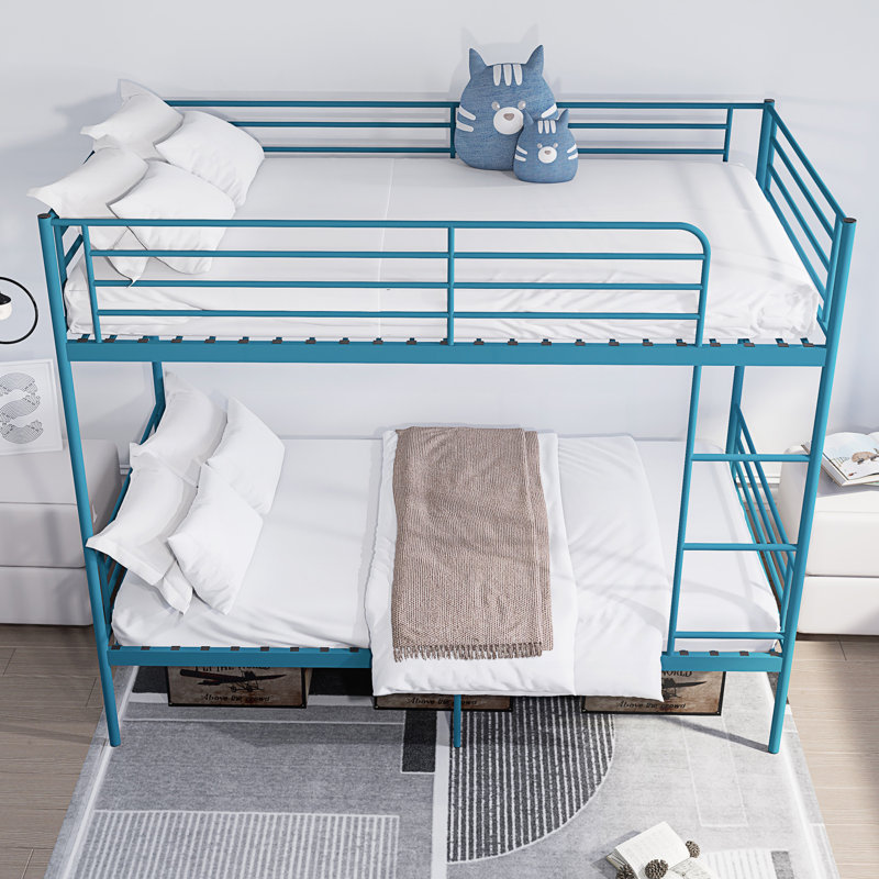 Twin Over Twin Bunk Bed With Ladder And High Guardrail, Metal Bunk Bed, Blue