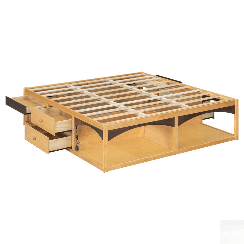 Cadre de lit avec tiroirs de rangement, sans tête de lit, lumière intégrée, style minimaliste moderne, Natural