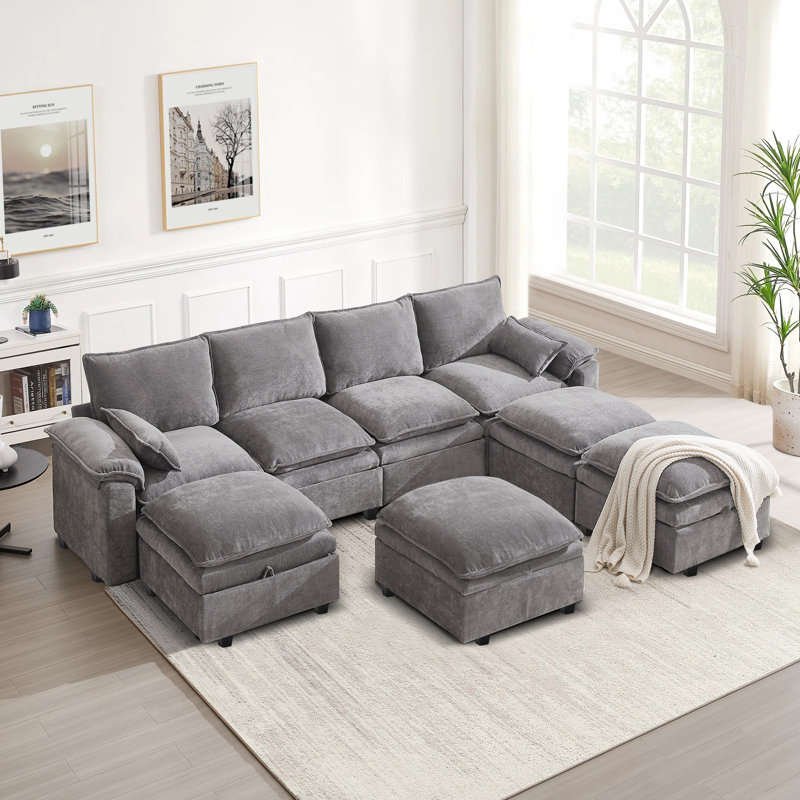 8 Seat Chenille U Shaped Modular Sectional Sofa With Storage, Light Gray