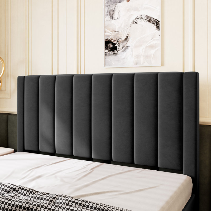 Lit plateforme tapissier Ozella - Aucun sommier requis, assemblage facile, Lit double, Noir
