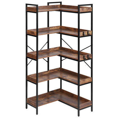 5 Tier Corner Bookshelf Tall Corner Bookcase With 4 Hooks L-Shaped Storage
