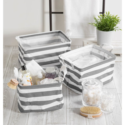 PE COATED COTTON/POLY LAUNDRY BIN STRIPE GRAY RECTANGLE ASST SMALL SET/3