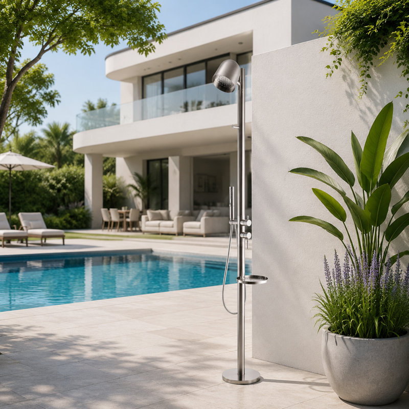 Douche d'extérieur à 2 fonctions en acier inoxydable 304 avec tablette et crochet Pomme de douche à pluie et douche de jardin à 3 jets pour le camping, la piscine, la plage et la cour