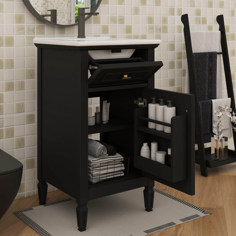 Ensemble de meuble-lavabo de salle de bain chic 20 pouces avec tablette polyvalente à tiroirs et support de rangement, Noir