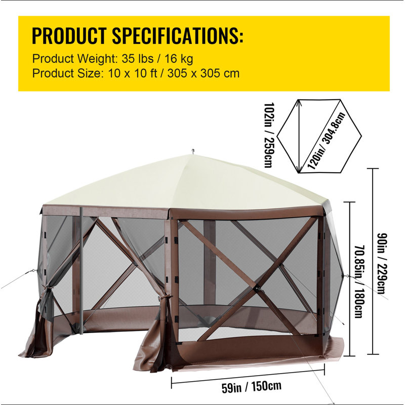 Camping Gazebo Tent, 10'x10', 6 Sided Pop-up Canopy Screen Tent for 8 Person Camping, Waterproof Screen Shelter w/Portable Storage Bag, Ground Stakes, Mesh Windows