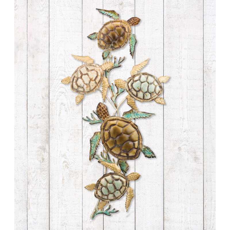 44 Inch Metal Swimming Sea Turtles Outdoor Wall Decor with Multi-Colored Finish for Indoor and Outdoor Use