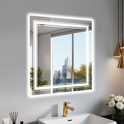 36X36 Inch, , Led Smart Bathroom Mirror, Adjustable Lighting, 3 Color Temperature Options, - Fog Function, 1 Hour Auto Off, Wall Switch Control, Ul , 4Mm Tempered Glass Inch Dimmable Mirror With