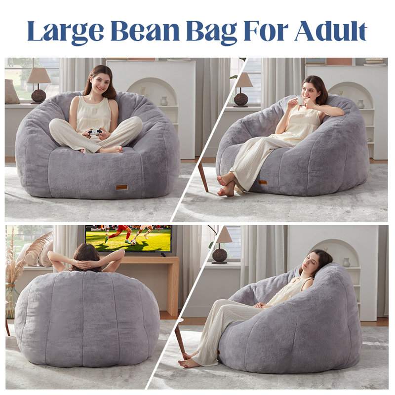 Shell-Shaped Faux Fur Bean Bag Chair, Seashell Design Beanbag Sofa for Living Room & Bedroom, Dark Gray Faux Fur