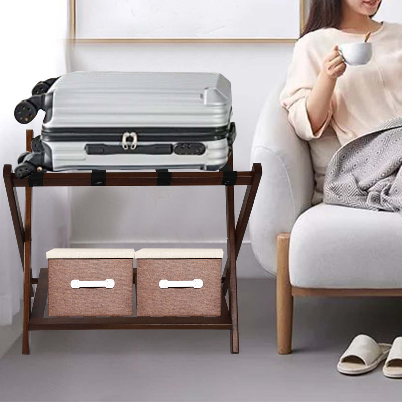 Porte-bagages pliable en bois avec tablette, Brun, Ensemble de 1