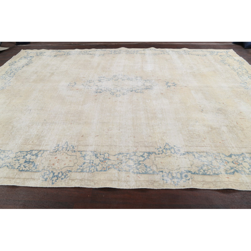 Tapis beige en laine noué à la main de conception unique 1960S 9 pi 6 po x 12 pi 9 po