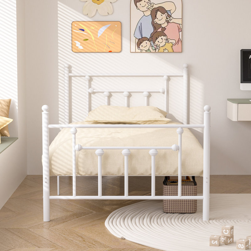 Double Metal Bed Frame with Headboard, White, Single (3')