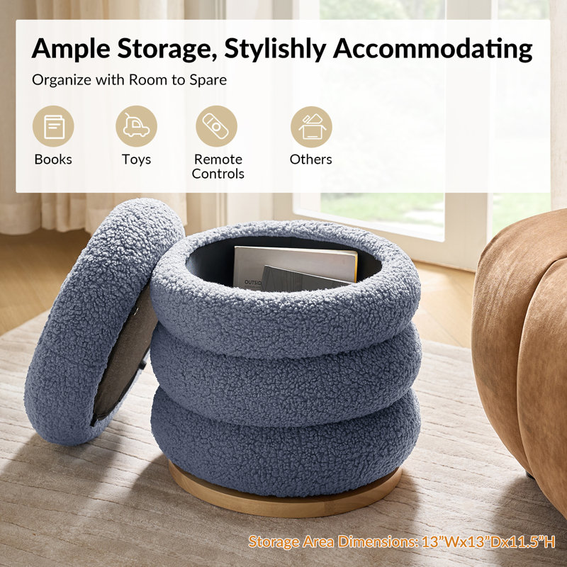 Rosa Modern Storage 360°Swivel Round Ottoman With Solid Wood Base, Blue