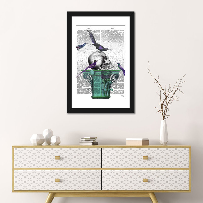 « crâne on plinthe i », impression sur toile, H 24 po x l 16 po x P 1 po, Papier avec cadre noir, Blanc