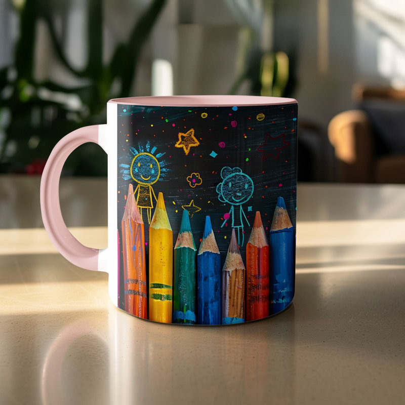 Kids Drawing Style 11oz Accent Mugs – Ceramic Coffee Cup with a Pink Handle and Interior