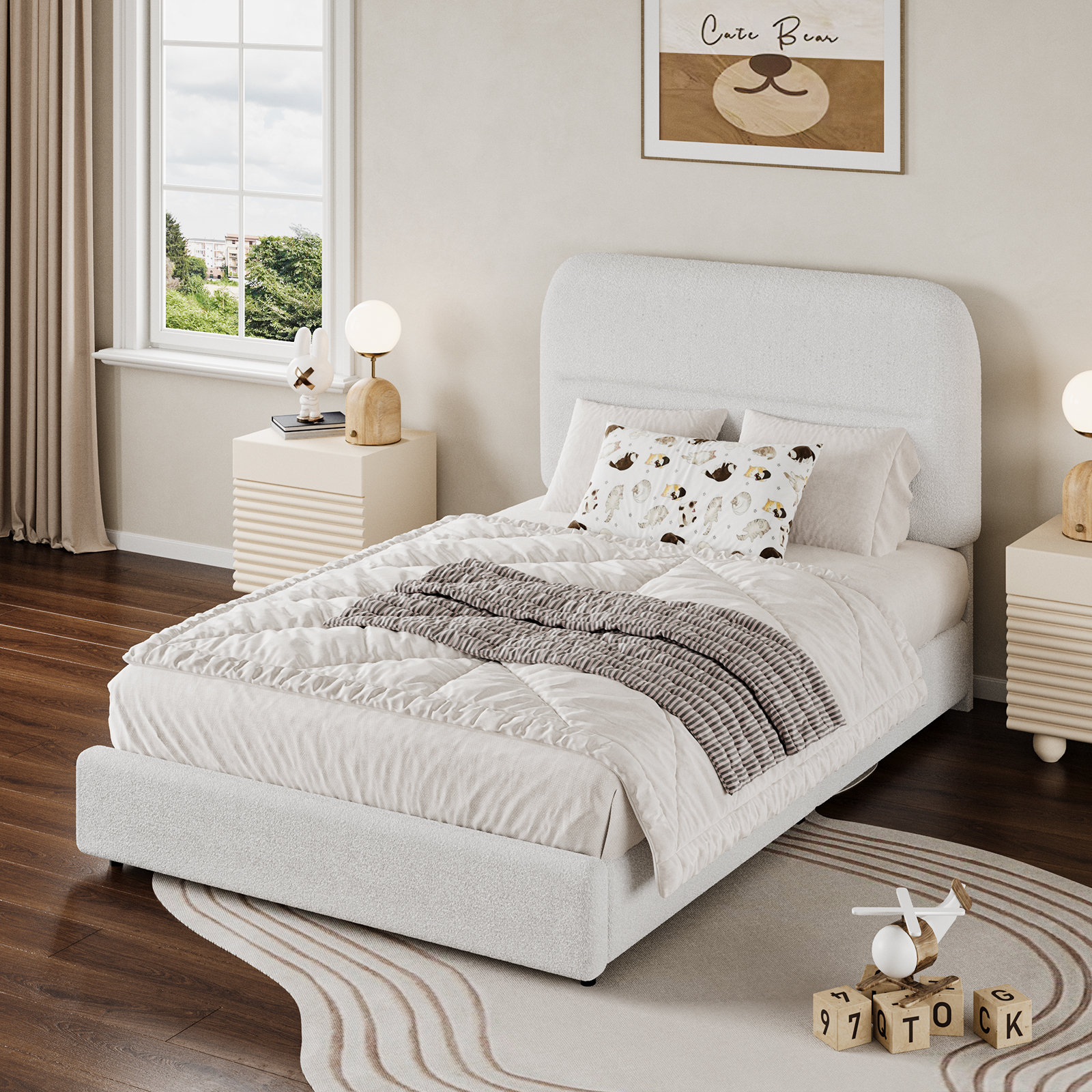 Mercer41 Manfred Boucle Upholstered Cloud Bed Frame with Rounded Corners Headboard, Soft Platform Bed Frame with Thickened Footboard & Reviews | Wayfair