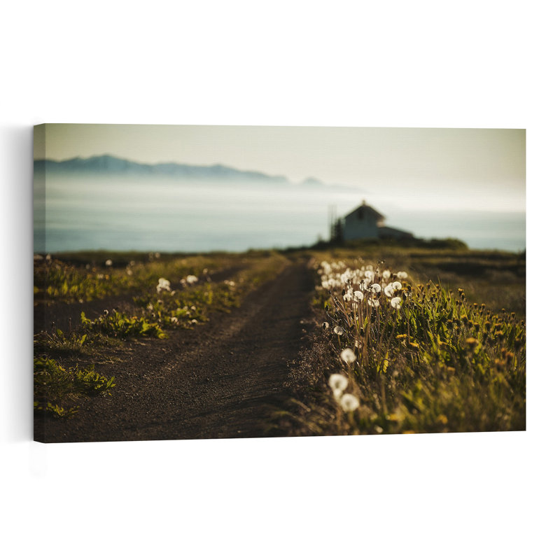 Chemin de pissenlits vers la mer, paysage côtier paisible et serein, affiche murale, H 32 po x l 48 po