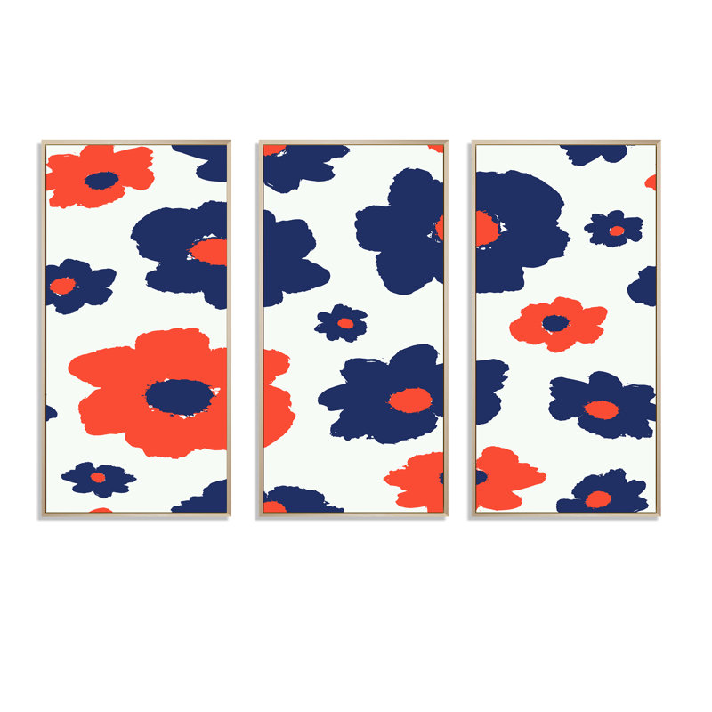 «Orange and Blue Retro Flowers», reproduction sur toile flottante 3 pièces, H 20 po x l 36 po x P 1 po, Cadre brun