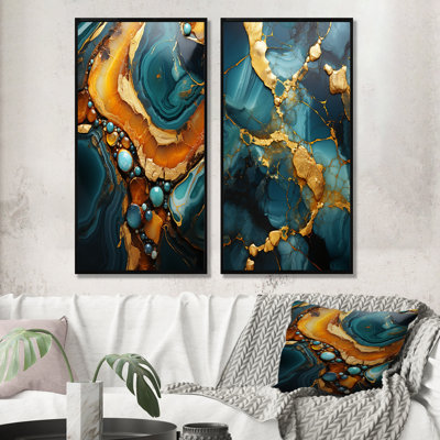 Gold And Green Topaz Agate Granite I - Abstract Wall Art Prints Set Of 2