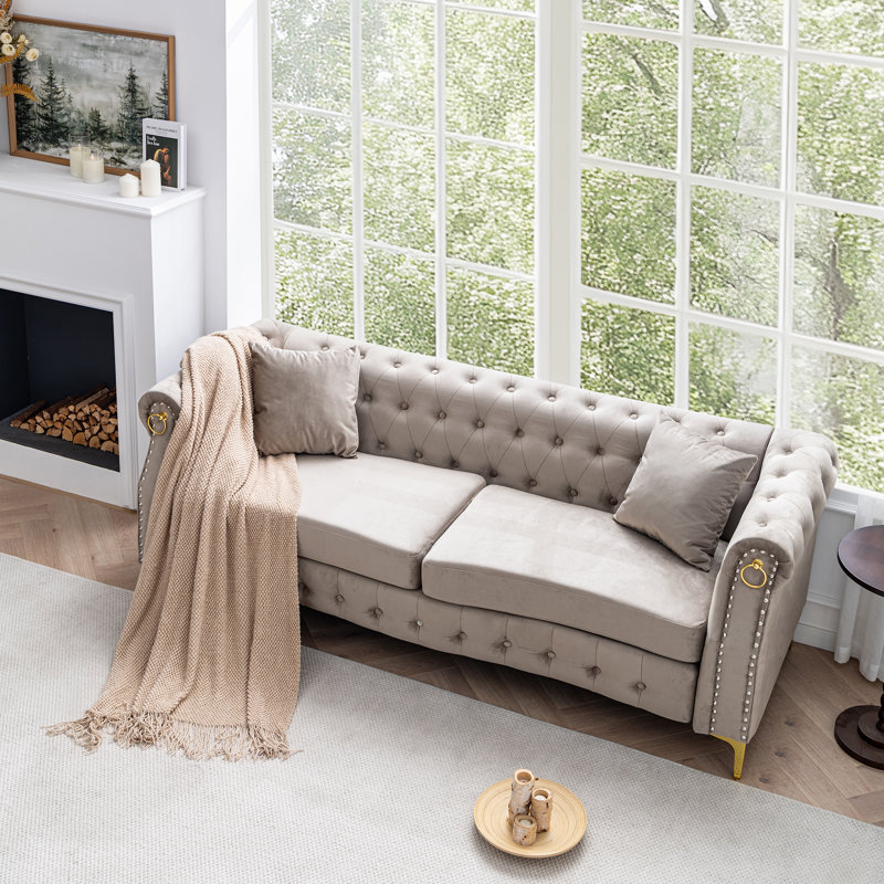  83.5" Velvet Chesterfield Tufted Sofa, Beige