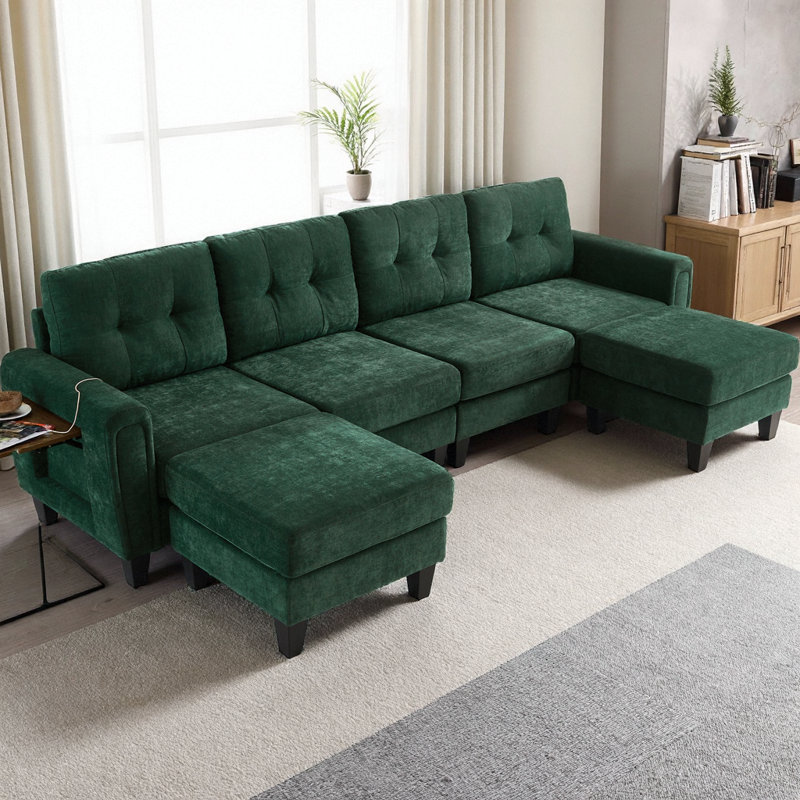 115" Modern U-Shaped Sectional Sofa with 2 Movable Ottomans, USB Ports & Foldable Side Tables, Chenille Fabric 6-Seater Modular Couch with Pocket Spring Seats for Living Room