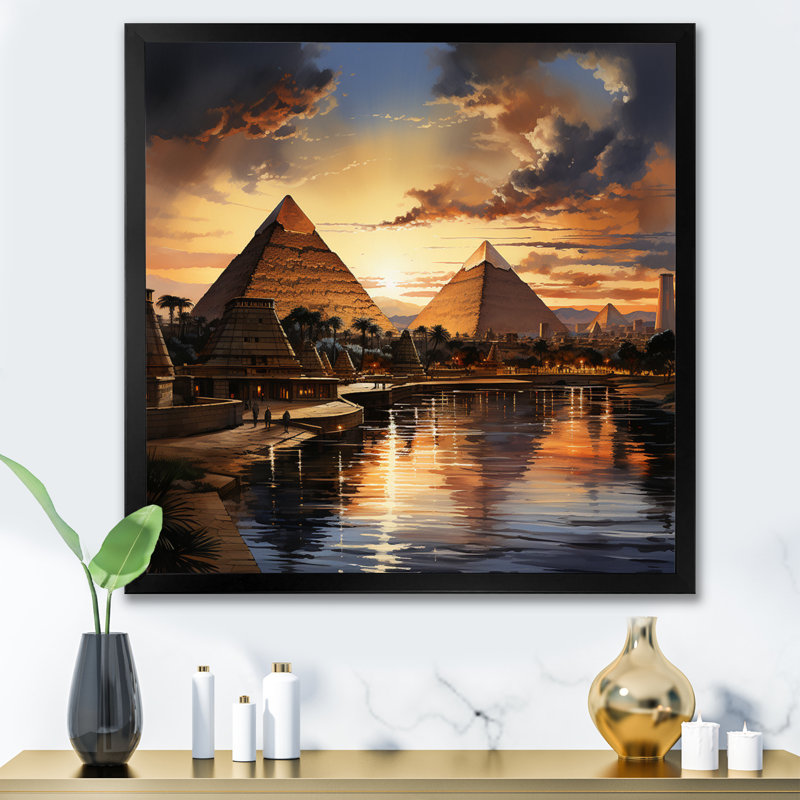 Egypt Sunrise Over The Puramid II - Egyptians Wall Decor, H 30 po x l 30 po x P 1 po, Cadre simple noir