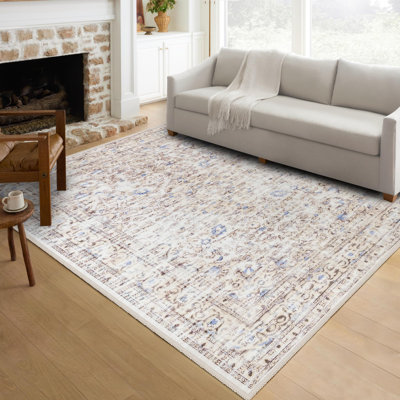 Washable Area Rug 5X7, Distressed Farmhouse Cream Holi Living Room Rug, Soft Neutral Non-Slip Backing Rug, Low Pile Stain Resistance For Bedroom Dining Room Christmas Xmas Gift