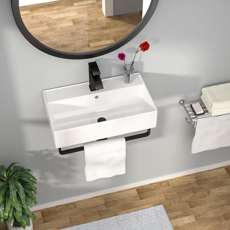 Kichae 21"L x 12"W White Wall Mount Bathroom Sink Ceramic Rectangular Vessel Sink with Stainless Steel Towel Rail,Basin Faucet