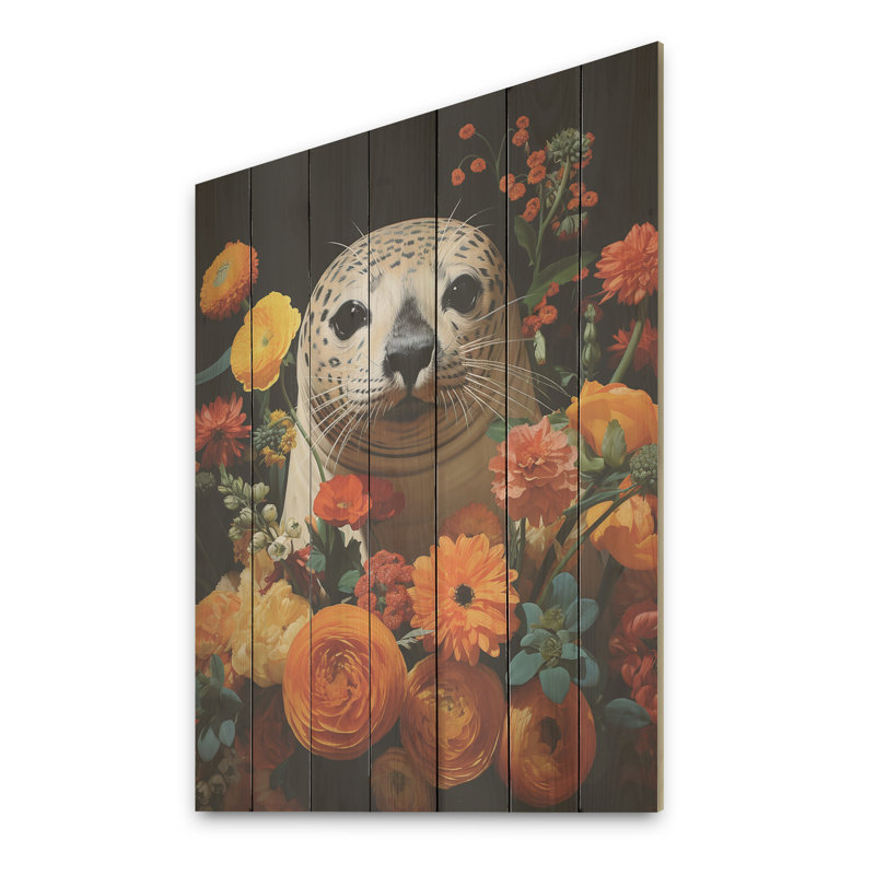 Fleurs de phoque commun colorées - animal côtier sur bois, H 44 po x l 34 po